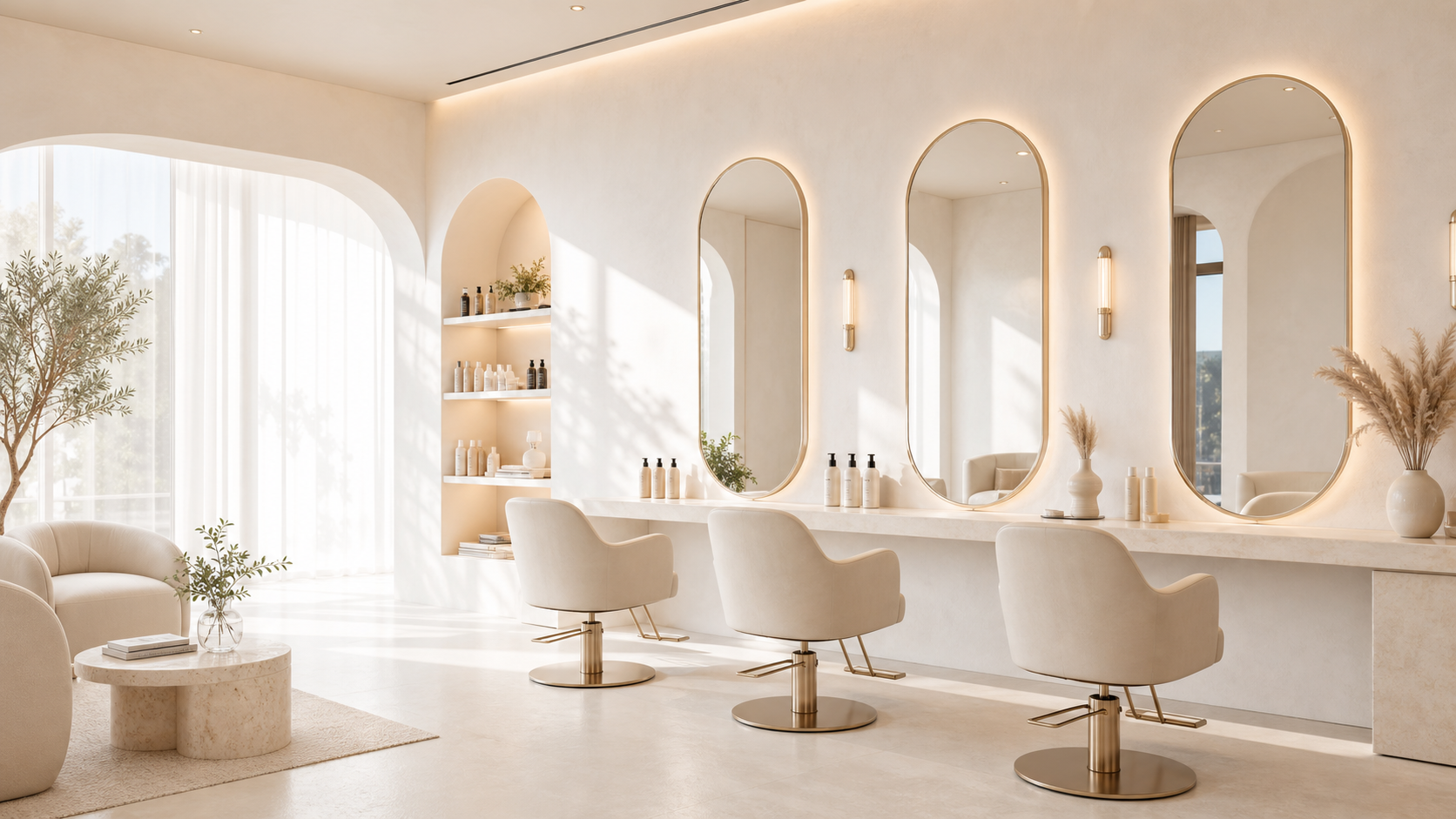 Bright ivory salon with arched mirrors